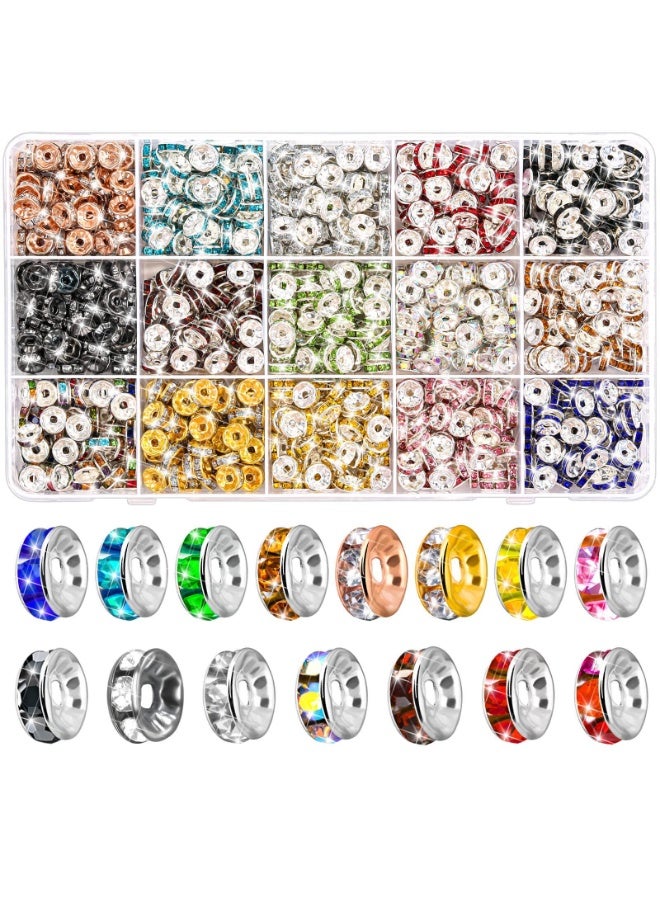 Capstro 900PCS Rhinestone Spacer Bead Set – 8mm Crystal Rondelle Beads in 15 Colors for DIY Jewelry Making, Bracelet Crafting & Art Projects – Sparkling Mixed-Color Craft Beads - Image 1